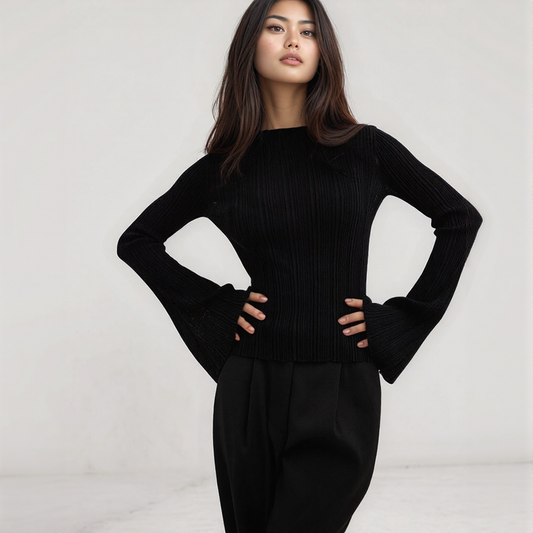 Flared Sleeve Ribbed Knit Top afbeelding 1