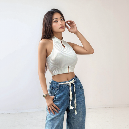 Ribbed High Neck Cut out Crop Top afbeelding 1