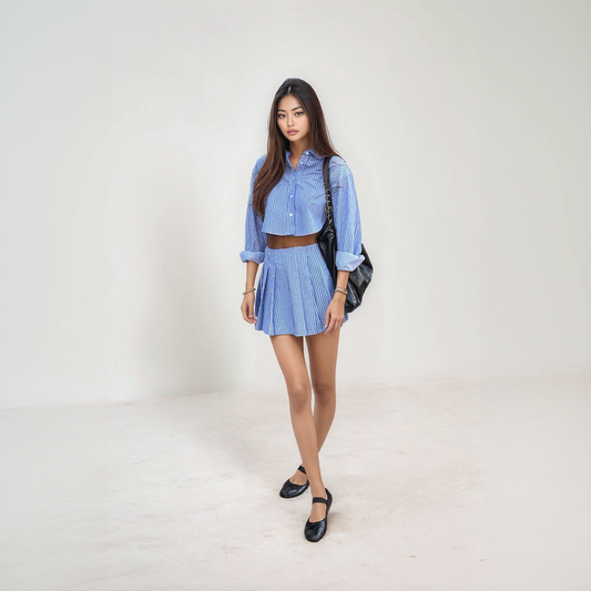 Blue Striped Two Piece Shirt & Skirt Set afbeelding 1